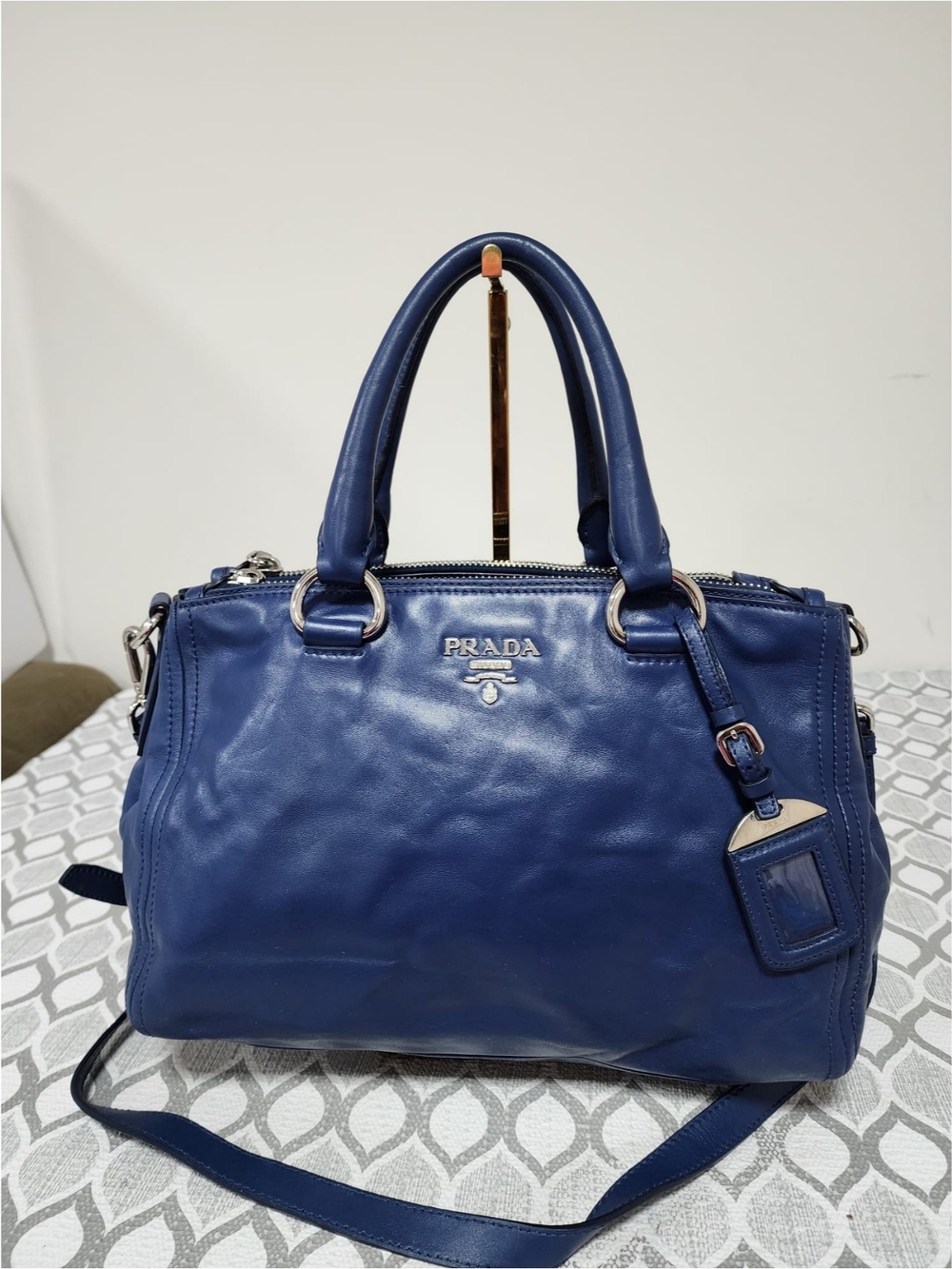 Prada Soft Calf Double Zip Tote Bag Blue